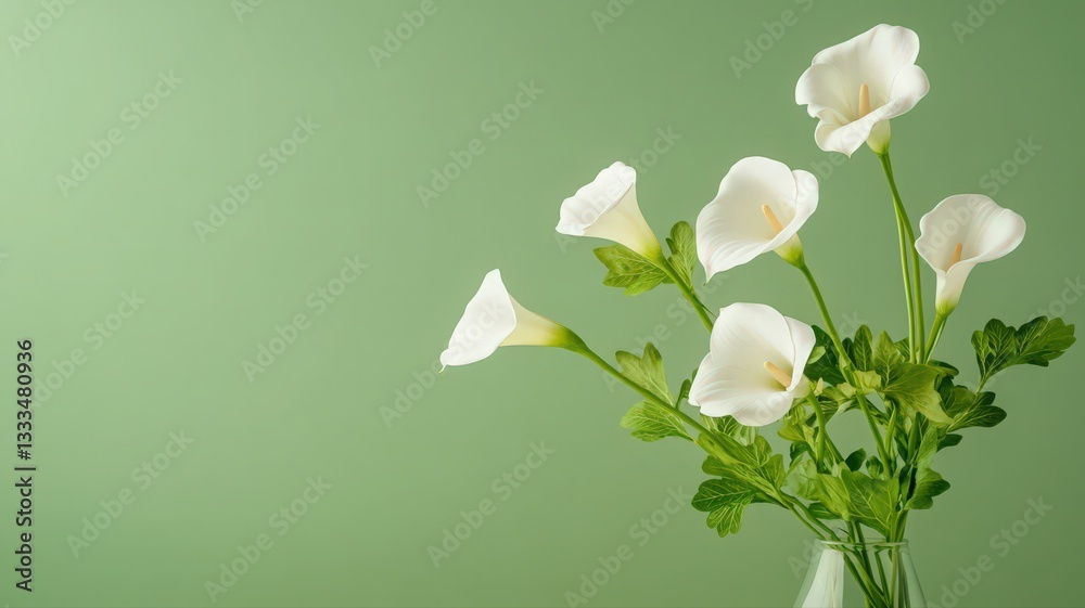 Obraz premium White Flowers in Glass Vase Against Sage Green Background