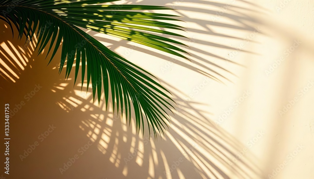 Fototapeta premium Soft light, shadow-dappled palm leaf silhouette on sandy-colored grunge wall Tropical summer backdrop, minimal, tropical