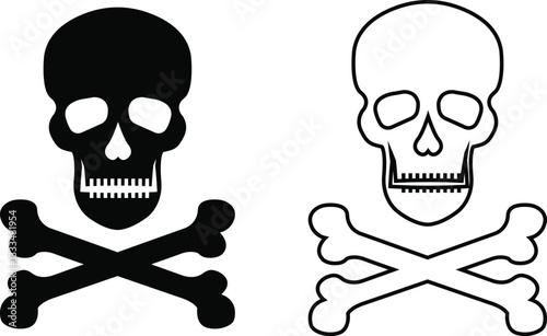 Skull crossbone pirate icon set logo Halloween ghost graphic danger anatomy symbol Silhouette. Cartoon skull death flat and line vector collection isolated on transparent background for apps and game