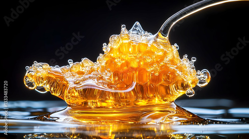 Extreme Macro of a Golden Drop of Honey Spreading Across a Dark Surface with Spoon