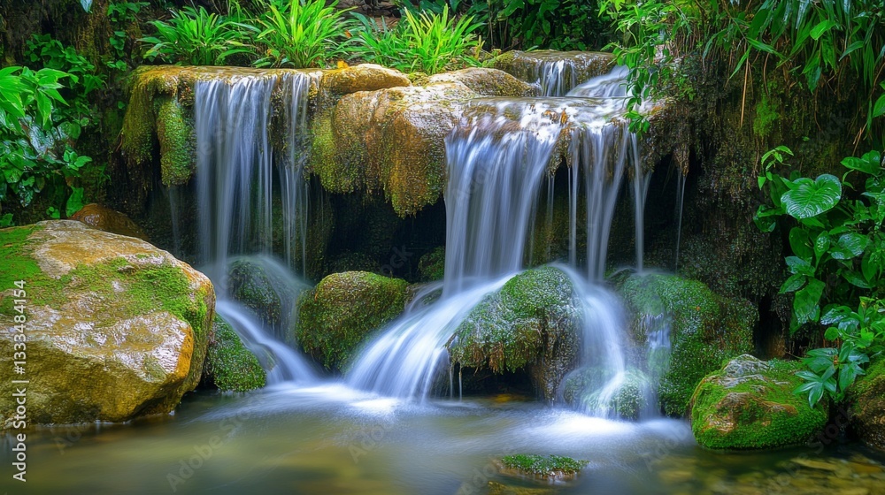 Serene Waterfall Cascading Over Mossy Rocks In Lush Greenery Serene Waterfall Cascading Over Mossy Rocks In Lush Greenery