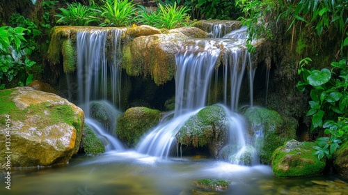 Serene Waterfall Cascading Over Mossy Rocks In Lush Greenery