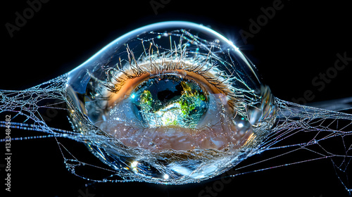 Extreme Macro of a Tiny Drop of Water Reflecting Nature on a Delicate Spider Web photo
