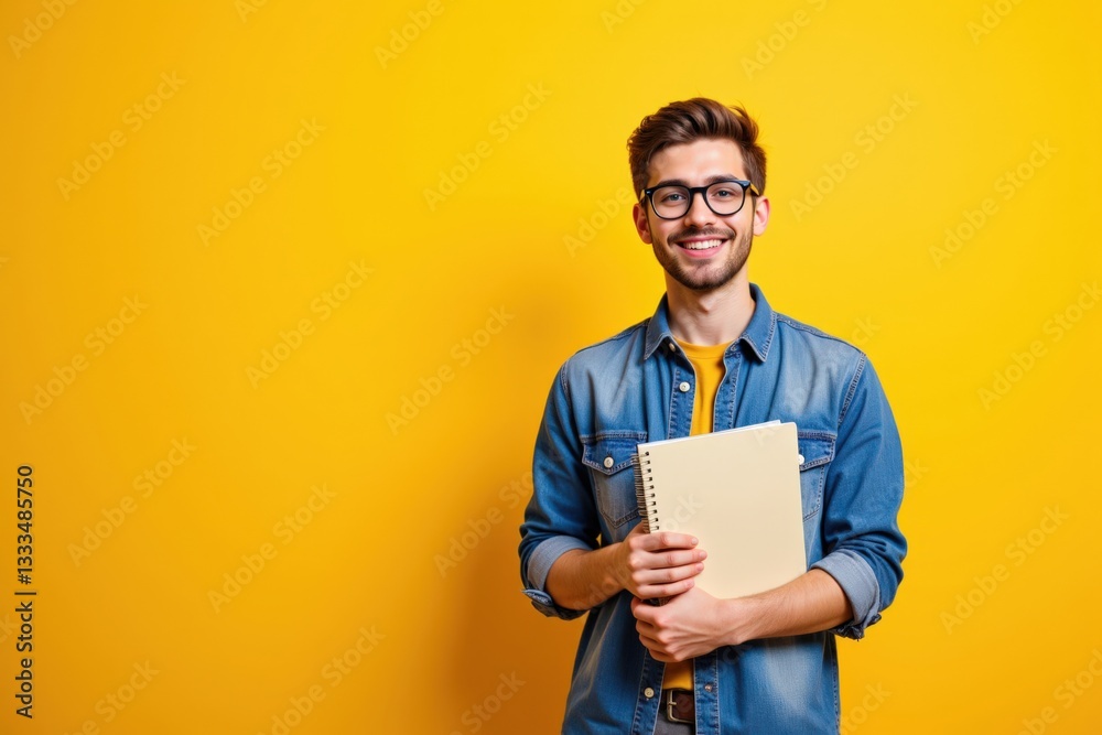 Smiling Young Man with Glasses Holding a Notepad Against a Vibrant Yellow Background, Perfect for Educational or Corporate Themes Smiling Young Man with Glasses Holding a Notepad Against a Vibrant Yellow Background, Perfect for Educational or Corporate Themes