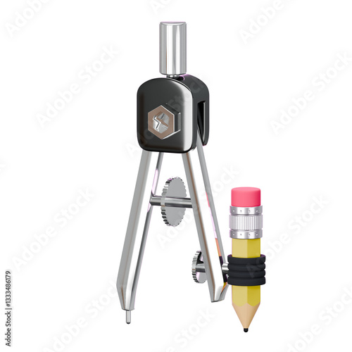 Metal Drawing Compass with Attached Pencil – 3D Render