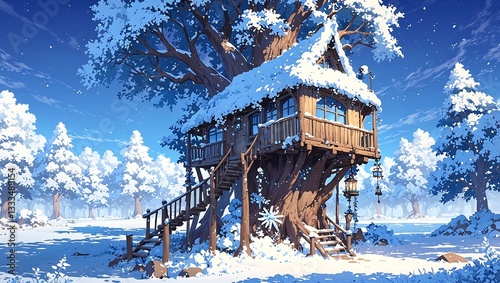 Magical Snowy Treehouse Retreat in Winter Wonderland Art Illustration