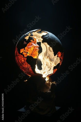 A cast bronze sculpture depicting two worlds combined, illuminated by intense dramatic lighting, creating high contrast, tension, and an antique patina finish.