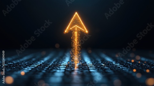 Illuminated digital arrow composed of dynamic lights and data symbolizing the advancement growth and momentum of technology and innovation
