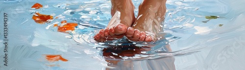 Delicate Arch Capturing the Beauty of Barefoot Elegance in Water Witness a Womans foot arching gracefully, celebrating the soft lines of the body as she steps into tranquility This image showcases