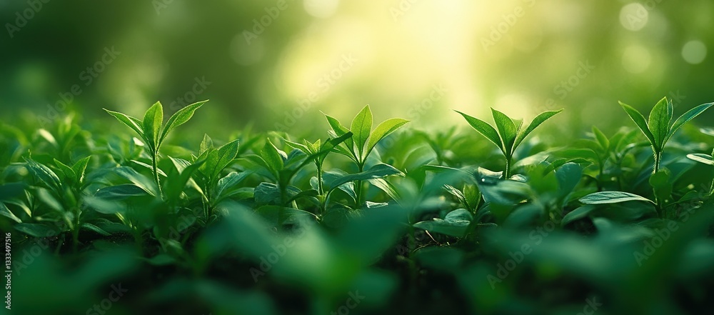 Closeup of young coffee plants growing in fertile soil, sunlight illuminating green leaves in natural forest environment. Concept of sustainable agriculture and plant lifecycle development. Closeup of young coffee plants growing in fertile soil, sunlight illuminating green leaves in natural forest environment. Concept of sustainable agriculture and plant lifecycle development.