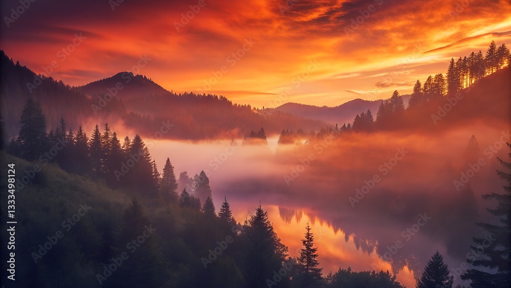 Obraz premium Stunning Sunset Over Mountain Lake