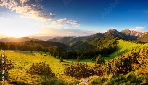 slovakia forest spring panorana landscape with mountain at sunset photo