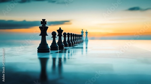 Chess pieces aligned on a mirrored chessboard at sunset, strategic positioning.