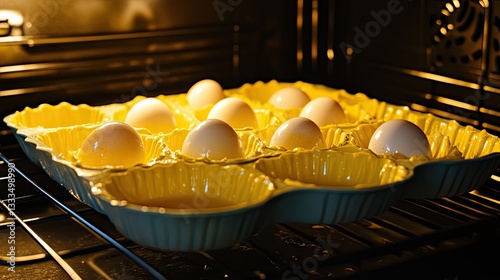 A baking tray going into an oven, filled with Korean egg bread molds. photo