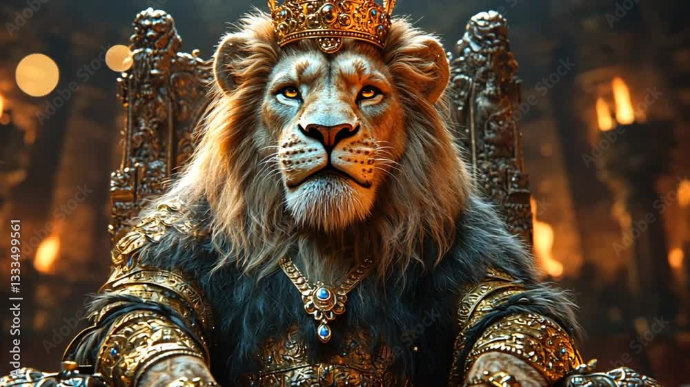 Regal lion king sits on golden throne, amidst fiery background, suitable for royalty, fantasy, or game concept art