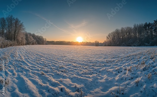 Winter sunrise over open snowy plains with tractor plowing tracks and distant evergreen forests. Golden sunlight illuminates fresh snow textures, frost-covered ground, and serene rural landscape for s
