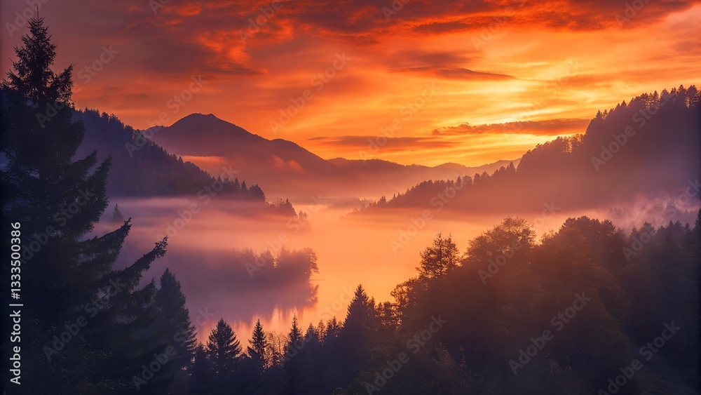 Obraz premium Stunning Sunset Over Mountain Lake