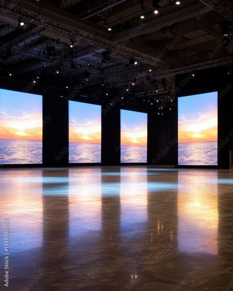 Fototapeta premium Modern Conference Room with Large Screens Displaying Sunset over Ocean Reflection on Floor