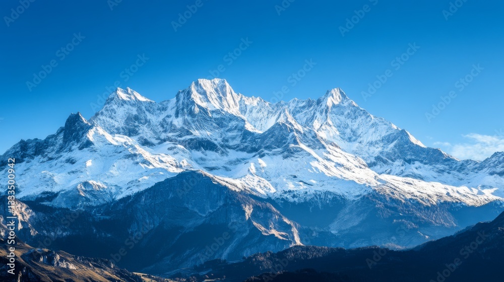 Obraz premium Majestic Snowcapped Mountain Range Under a Clear Blue Sky