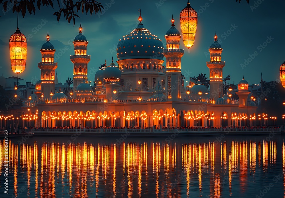 Fototapeta premium Illuminated Mosque at Dusk with Lanterns Reflecting in Tranquil Waters