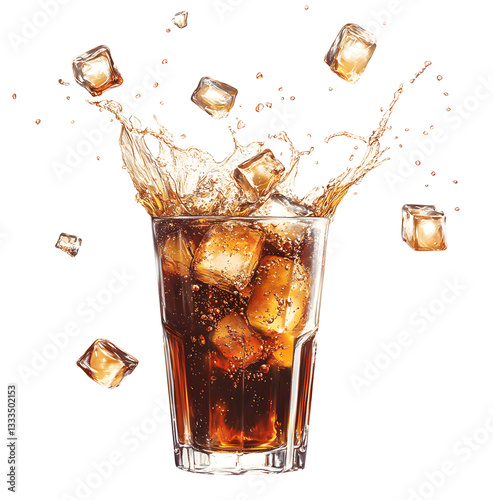A glass of cola with ice cubes splashing isolated on transparent white background, clipping path, pen tool.