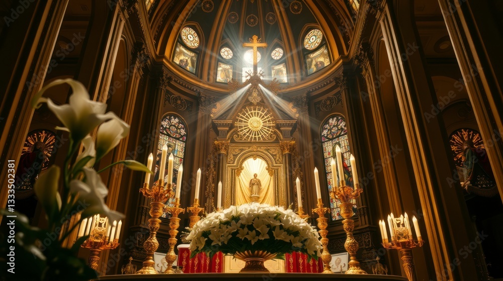 Obraz premium Stunning Church Altar with Golden Details and Light Rays