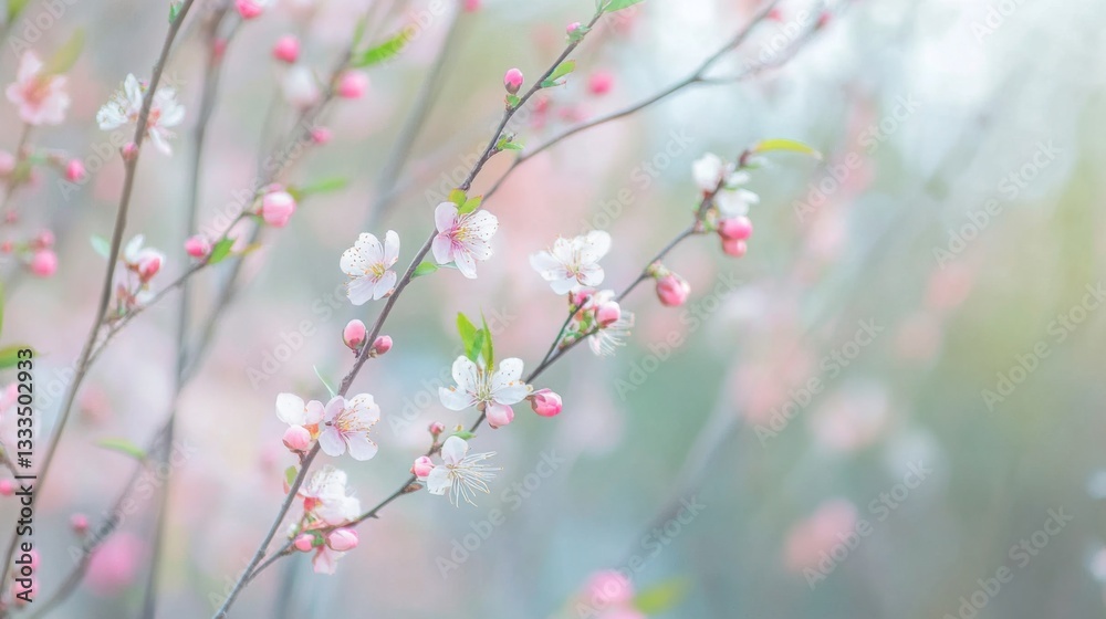 Delicate Willow and Peach Blossoms in Harmony, Symbolizing Renewal and Serenity of Spring Delicate Willow and Peach Blossoms in Harmony, Symbolizing Renewal and Serenity of Spring