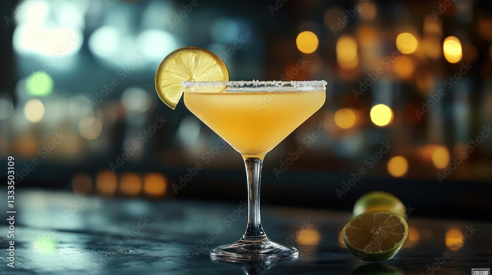 A margarita cocktail on a bar with lime wedges and salt. A margarita cocktail on a bar with lime wedges and salt.