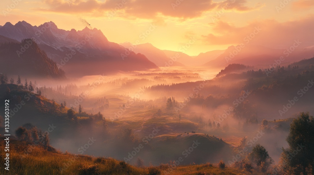 Obraz premium Majestic Sunrise Over Foggy Mountain Valley Landscape
