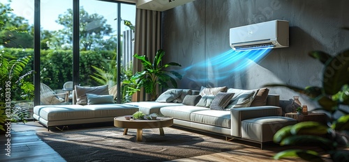 Modern bedroom with air conditioner on top of bed with cool blue mist floating photo