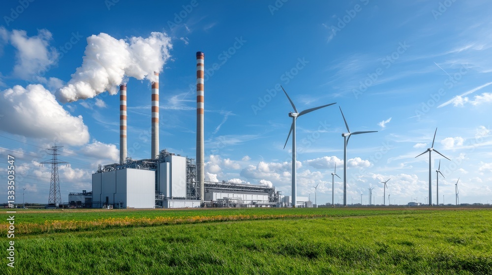 Sustainable wind power with turbines in rural landscape with factory and power lines Renewable green energy production in eco friendly environment Sustainable wind power with turbines in rural landscape with factory and power lines Renewable green energy production in eco friendly environment
