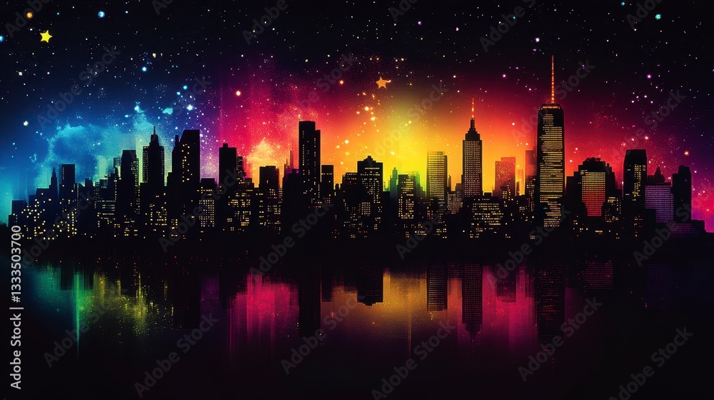 Magical Cityscape at Night Vibrant Rainbow Skyline with Starry Sky Reflection Magical Cityscape at Night Vibrant Rainbow Skyline with Starry Sky Reflection