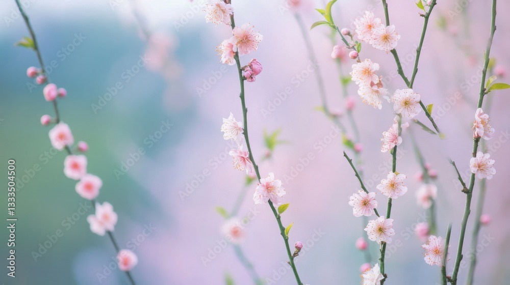 Delicate Willow and Peach Blossoms in Harmony, Symbolizing Renewal and Serenity of Spring Delicate Willow and Peach Blossoms in Harmony, Symbolizing Renewal and Serenity of Spring