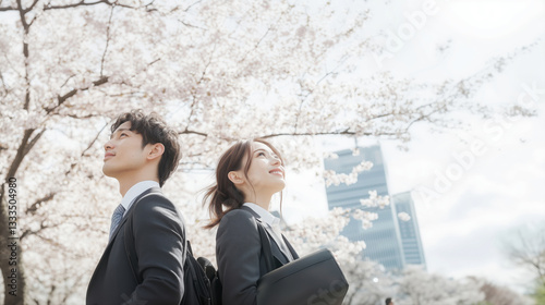 桜満開の空の下、希望にあふれる新たな一歩