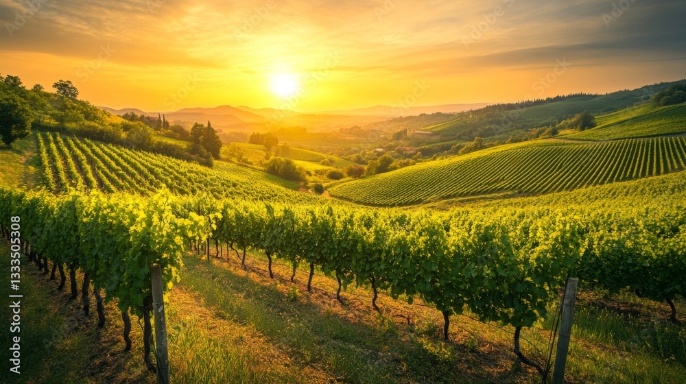 Fototapeta premium Tuscan Vineyard Sunset Golden Hour Landscape