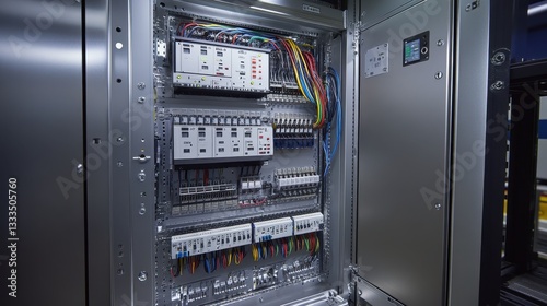 Inside view of control cabinet wiring and switches, showcasing intricate details, color-coded cables, and metallic surfaces with soft lighting.