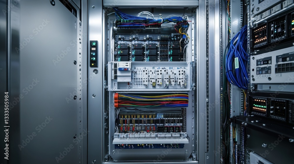 Inside view of control cabinet wiring and switches, showcasing intricate details, color-coded cables, and metallic surfaces with soft lighting.