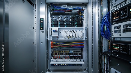Obraz na płótnie Inside view of control cabinet wiring and switches, showcasing intricate details, color-coded cables, and metallic surfaces with soft lighting. w salonie