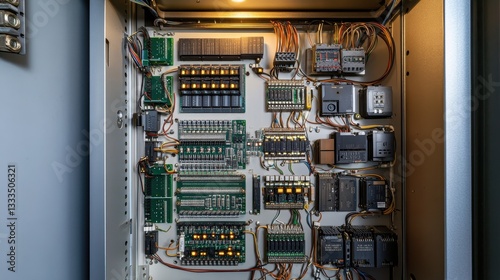 Close-up of circuit boards and wiring in control cabinet, highlighting intricate details and orderly layout with soft metallic finishes.