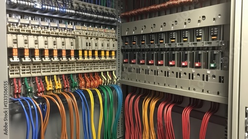 Obraz na płótnie Detailed look at wiring in control cabinet, with color-coded cables and circuit breakers in an orderly layout with metallic reflections. w salonie