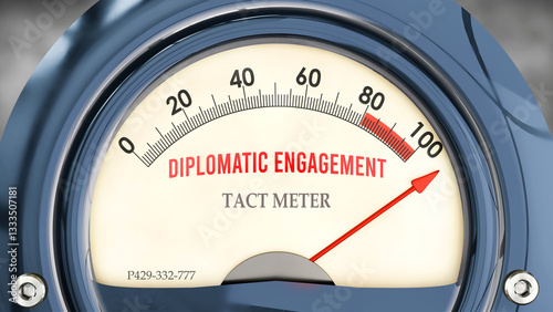 Diplomatic Engagement and Tact Meter that is hitting a full scale, showing a very high level of diplomatic engagement, overload of it, too much of it. Maximum value, off the charts.  ,3d illustration