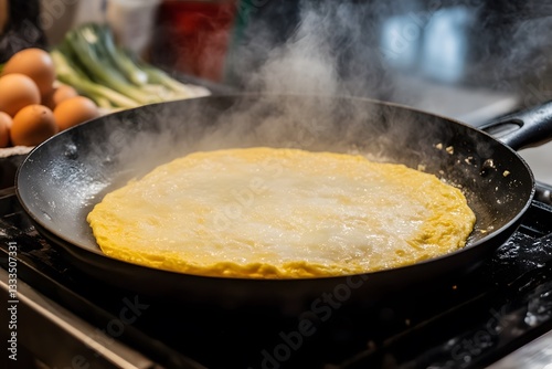 Cooking Delicious Omelette in Pan, Breakfast Food