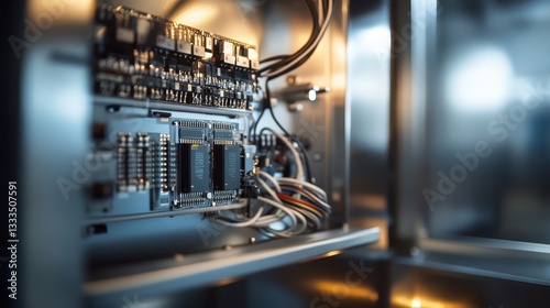 Close-up of industrial control cabinet interior, featuring intricate wiring and circuit board details with metallic reflections in soft light.