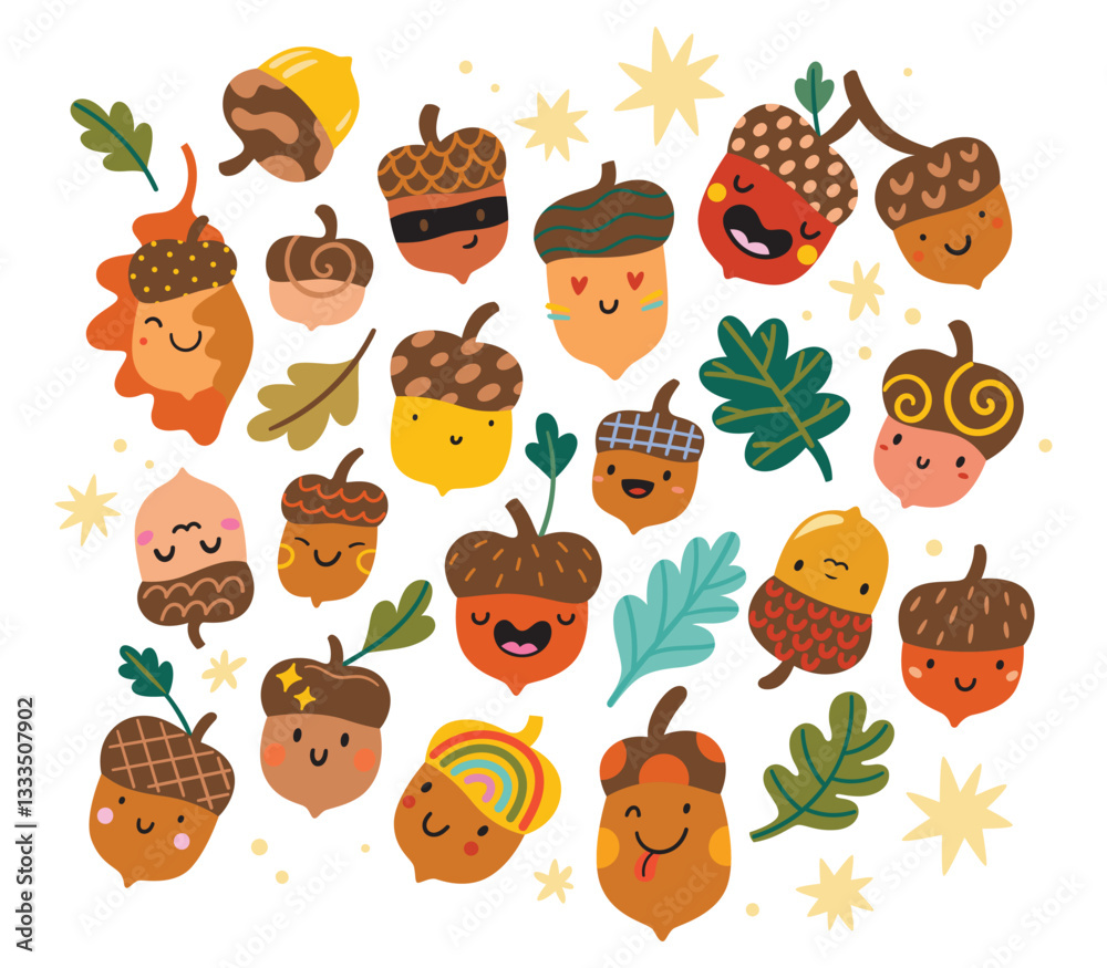 Naklejka premium Big collection of funny acorns characters