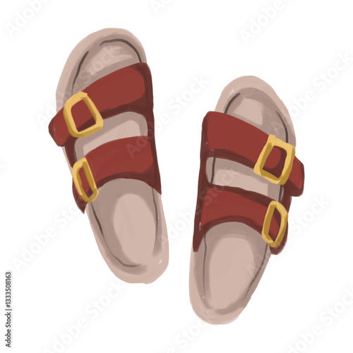 Pair of brown and red sandals with golden buckles