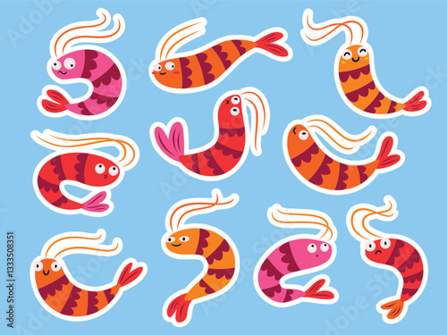 Stickers with cartoon shrimps