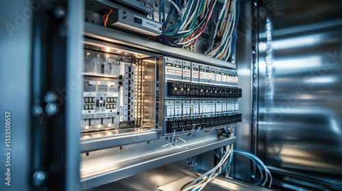 Close-up of wiring and switches inside control cabinet, featuring organized cable layout and metallic finishes in soft lighting.