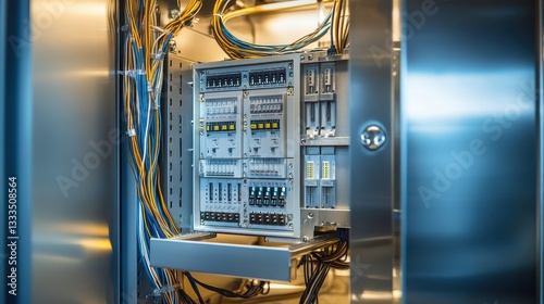 Close-up of wiring and switches inside control cabinet, featuring organized cable layout and metallic finishes in soft lighting.