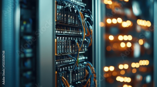 View inside control cabinet with close focus on switches and wiring, revealing organized cables and metallic surfaces with soft lighting.