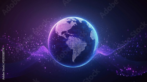 Digital technology background with luminous data streams and an Earth planet in the center